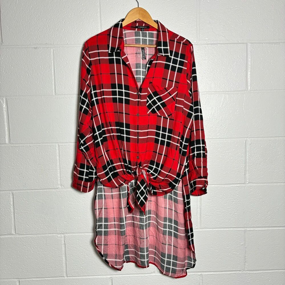 Miss Lili plaid tie front high low roll tab sleeve top